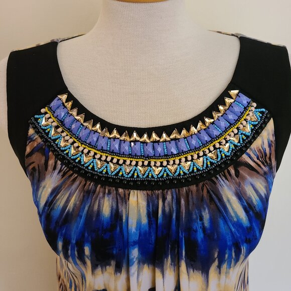 Laura Petite Sleeveless Slip on Colourful Dress with Beaded Collar - Picture 2 of 6